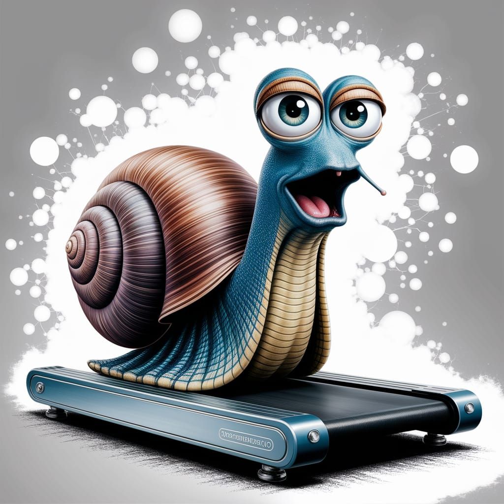 Charming Snail on Treadmill, Surreal Airbrush Illustration