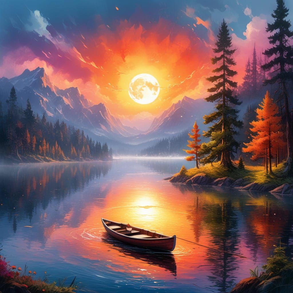 Ethereal Dawn Lake with Sailboats and Misty Mountains