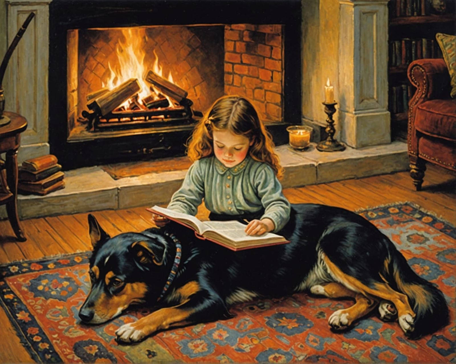 Cozy Fireplace Scene with Girl and Dog in Pointillism