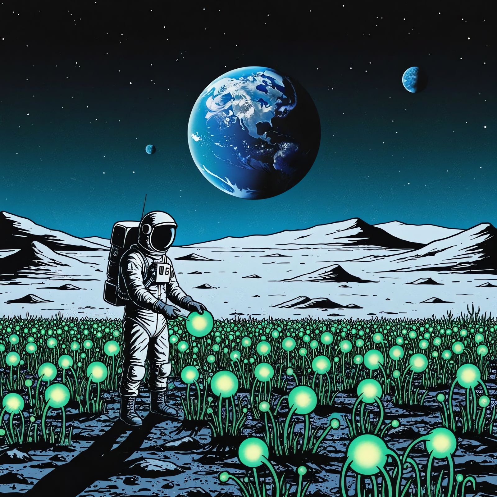 Astronaut Tends Alien Crops Under Earth's Gaze