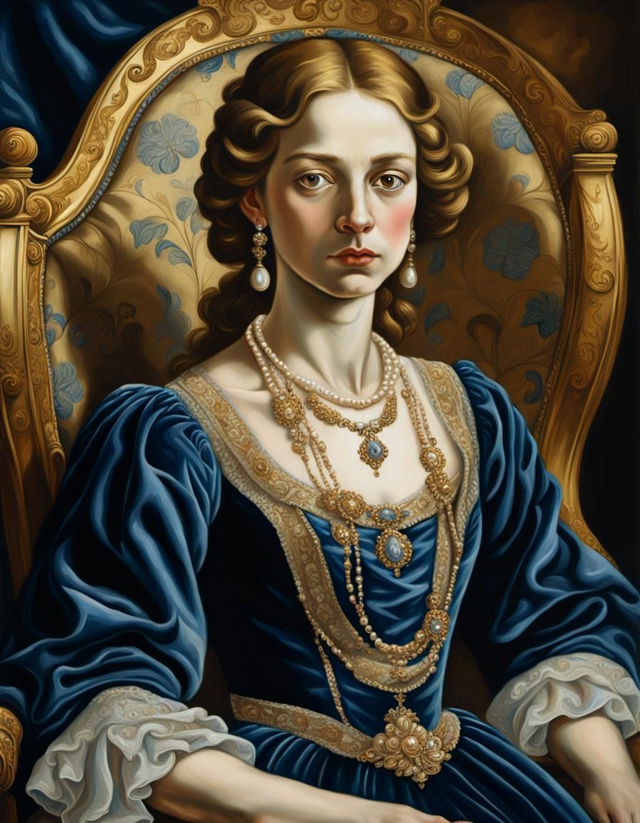 Renaissance Woman in Velvet Dress, Oil Painting