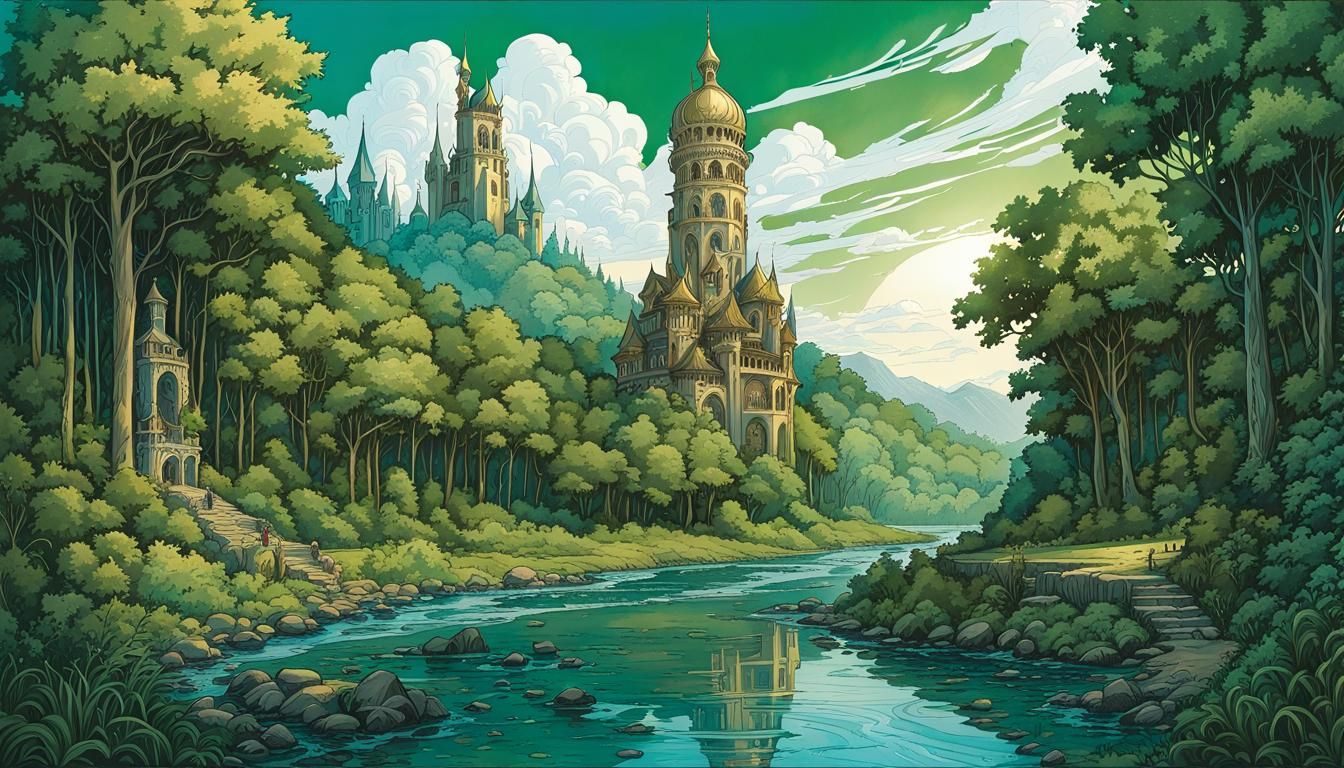 Lush Forest Tower in Art Nouveau Style