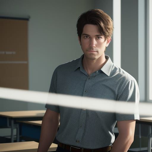 Young Teacher in Sunlit Classroom: Hyper-Realistic Digital A...