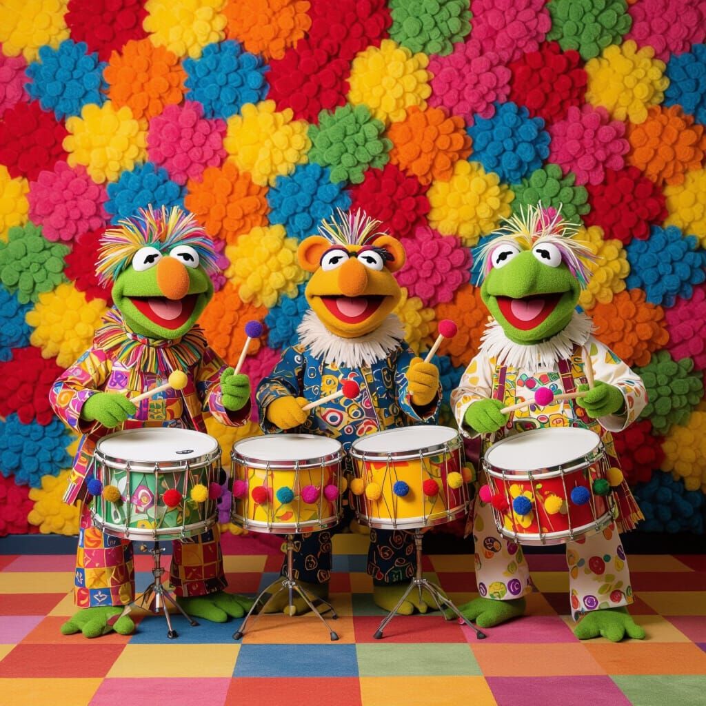 Muppets Playing Pom-Pom Drums in Whimsical Style