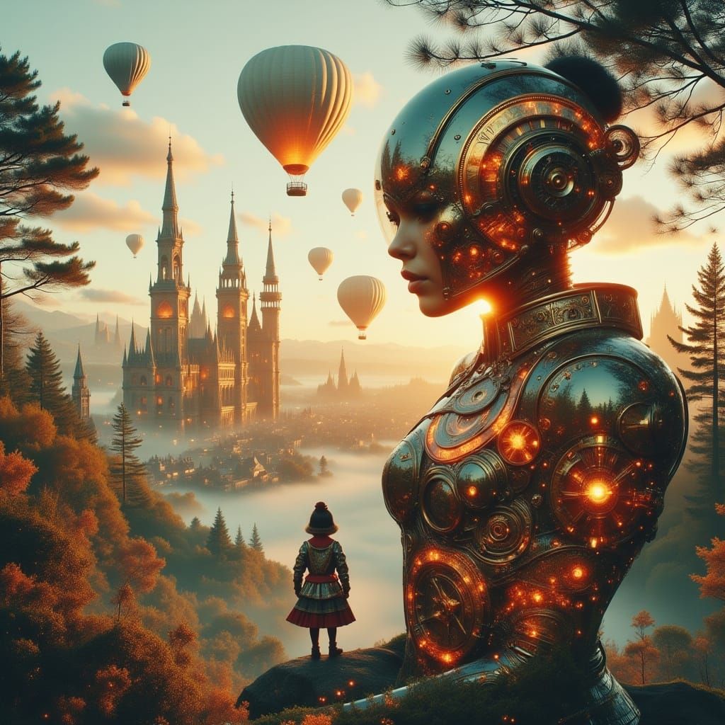 Steampunk Robot Double Exposure in Fairyland