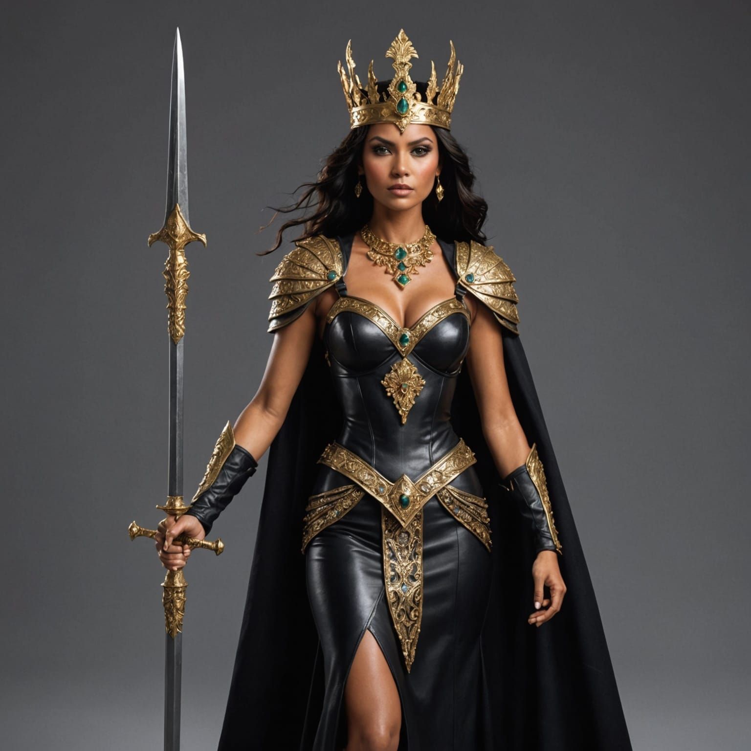 Warrior Queen in Dramatic Regalia, Empowered by Stormy Skies