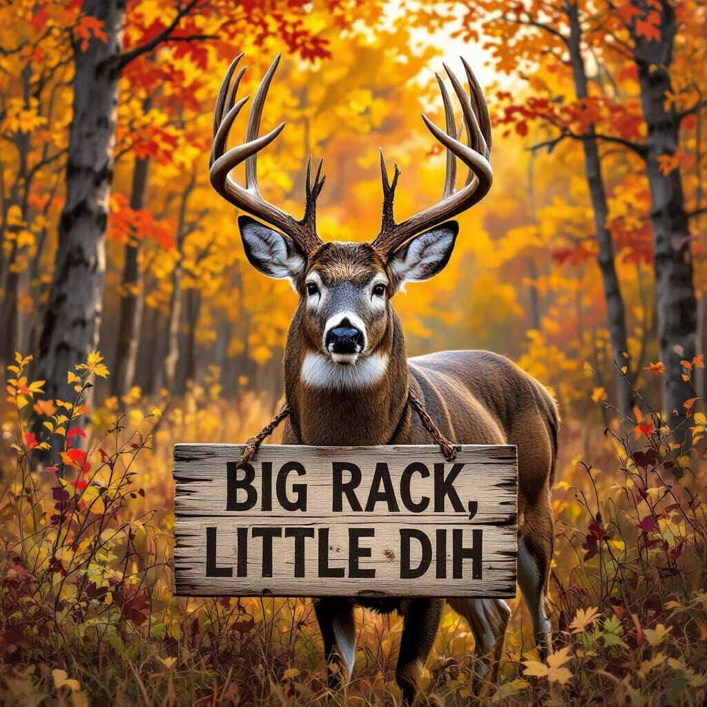 Majestic Buck in Autumn Forest with Rustic Sign