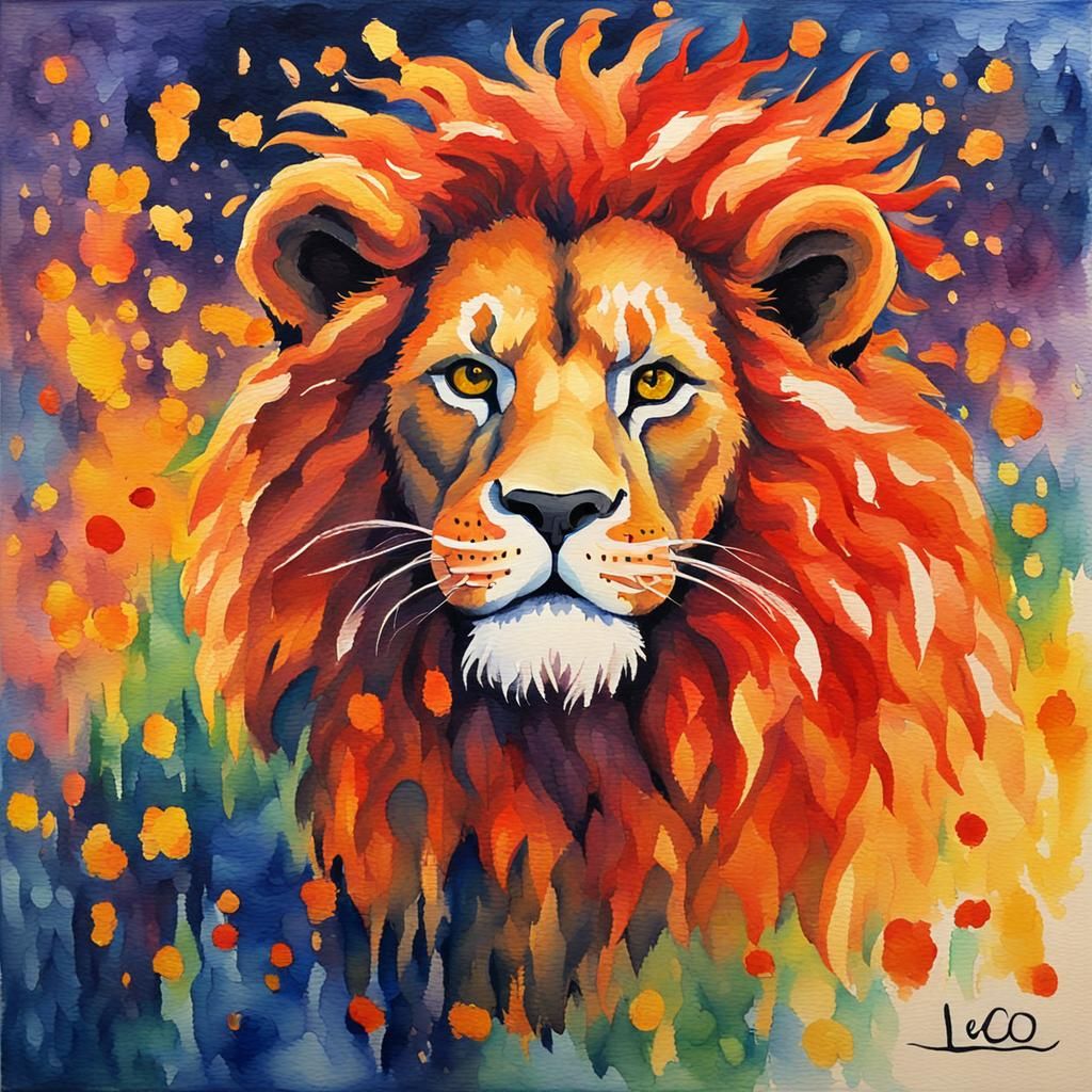 Chibi Leo Zodiac Lion in Fire Theme Watercolor