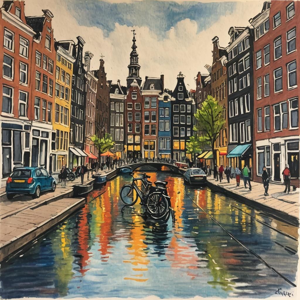 Amsterdam Street Scene in Oil Pastel