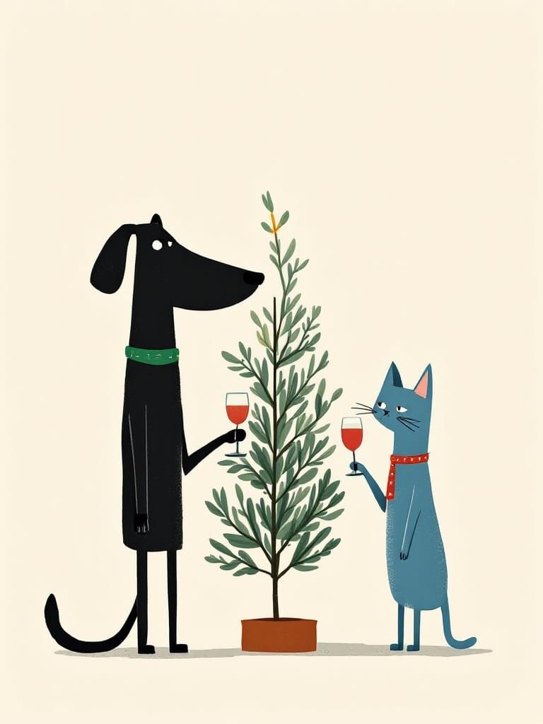 Dog and Cat Share Wine by Christmas Tree