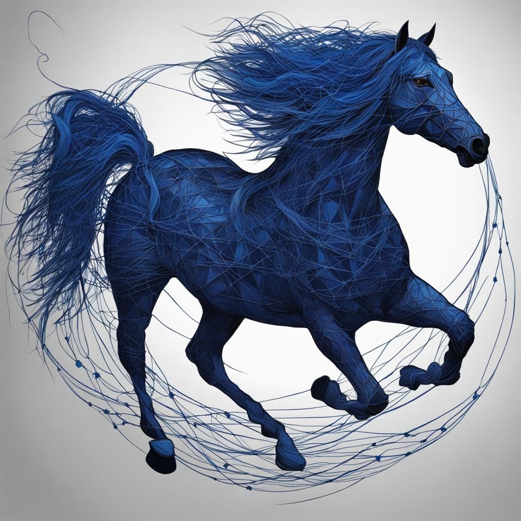Chaotic Blue Thread Horse in Midnight Jungle