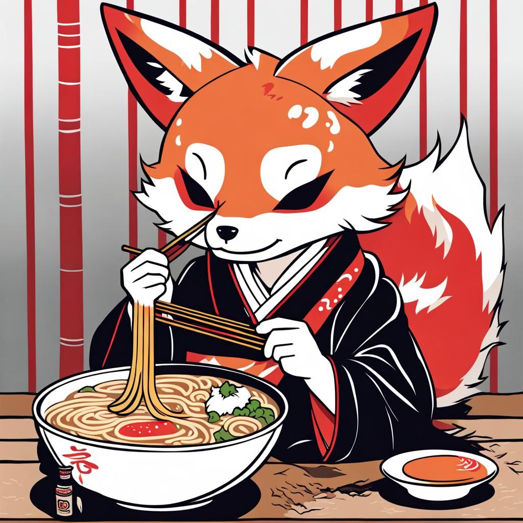 Kitsune Enjoys Ramen in Digital Art