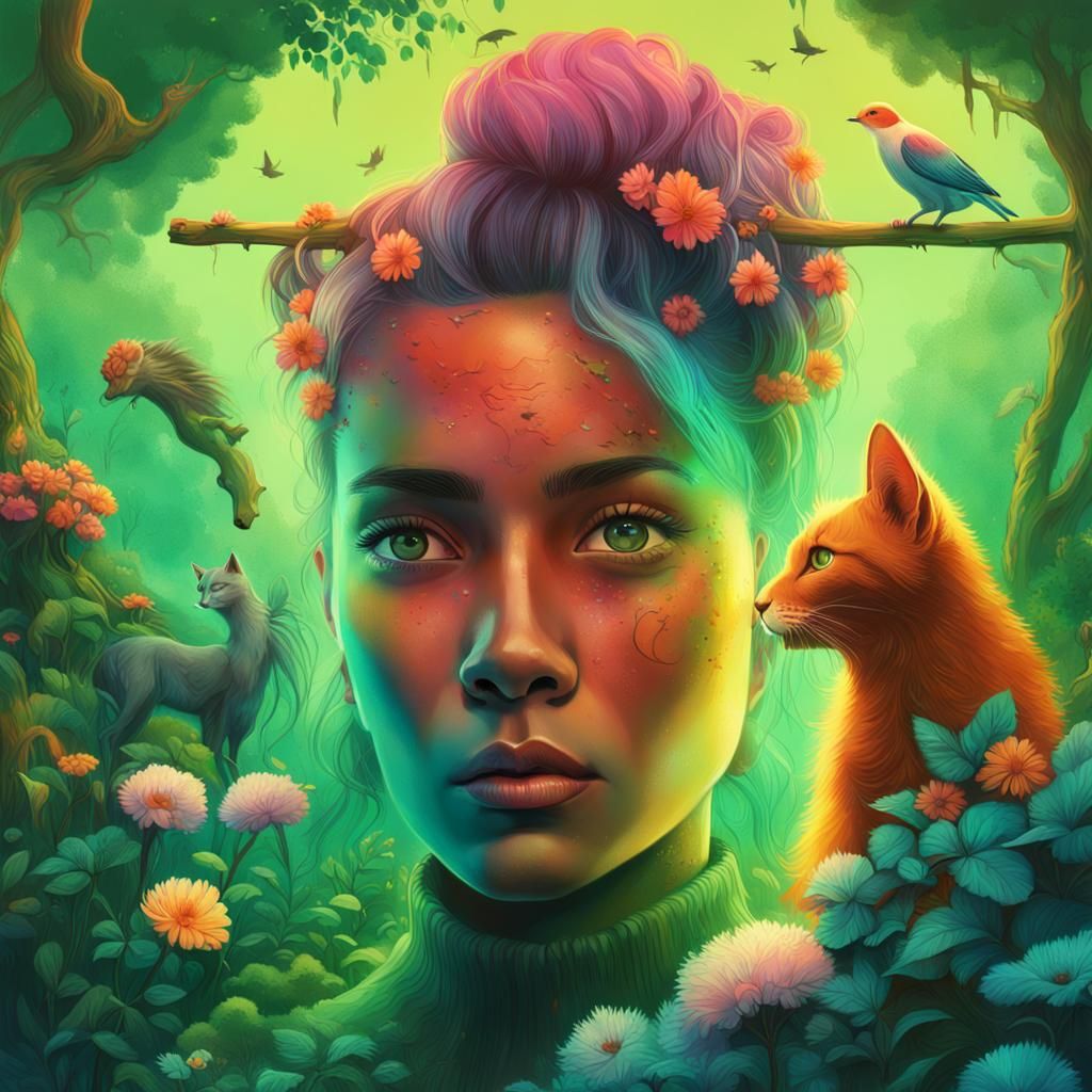 Woman with Roots and Flowers in Lush Forest