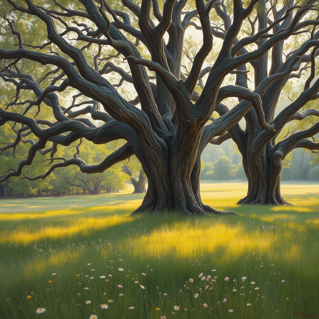Gnarled Oak Trees Stand Tall in a Lush Green Meadow