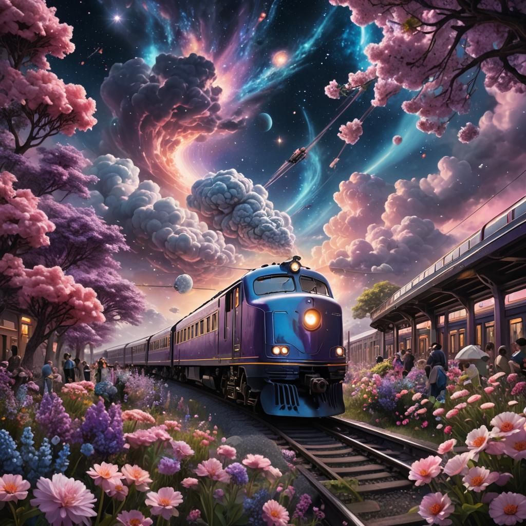 Train Amidst Blooming Flowers: Hyperrealistic Digital Art