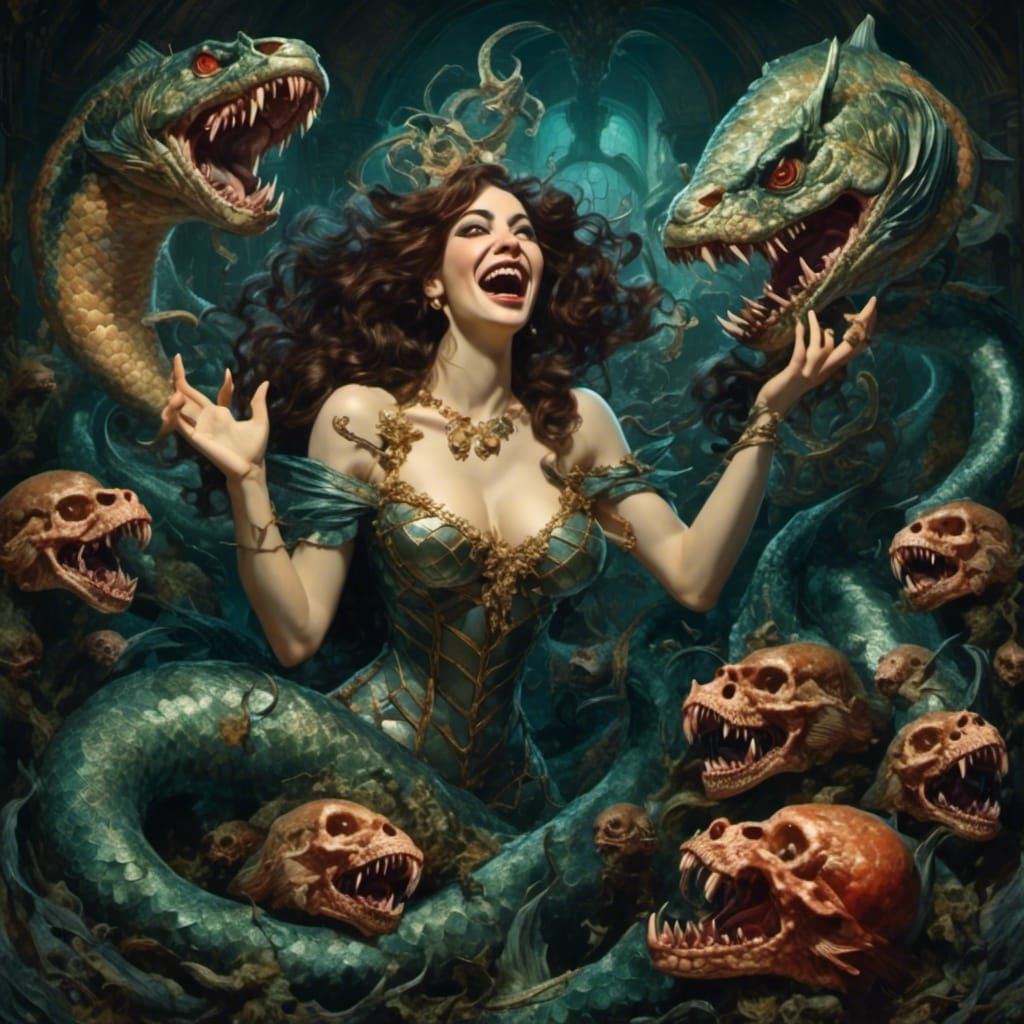 Anthropomorphic Piranha Demon Mermaid with Skulls