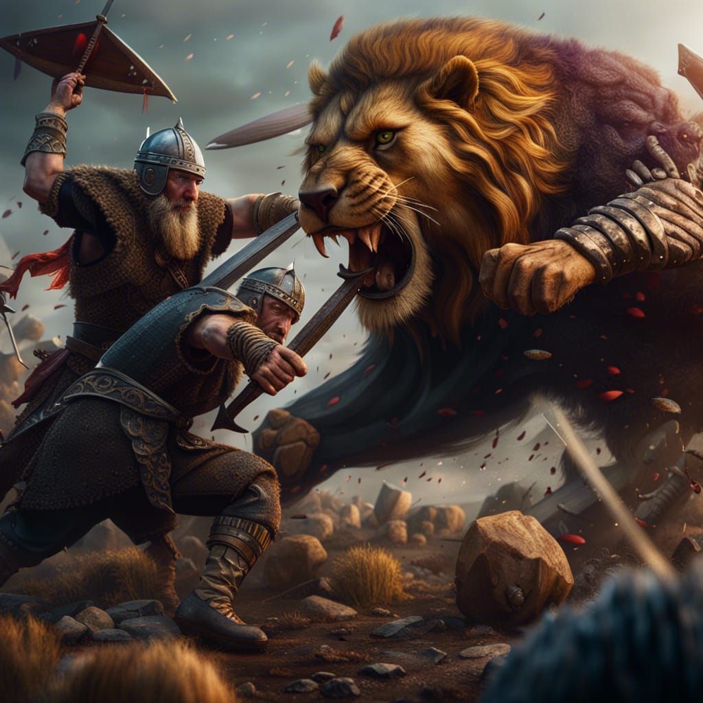 Vikings and Lions Battle for Food in Matte Painting