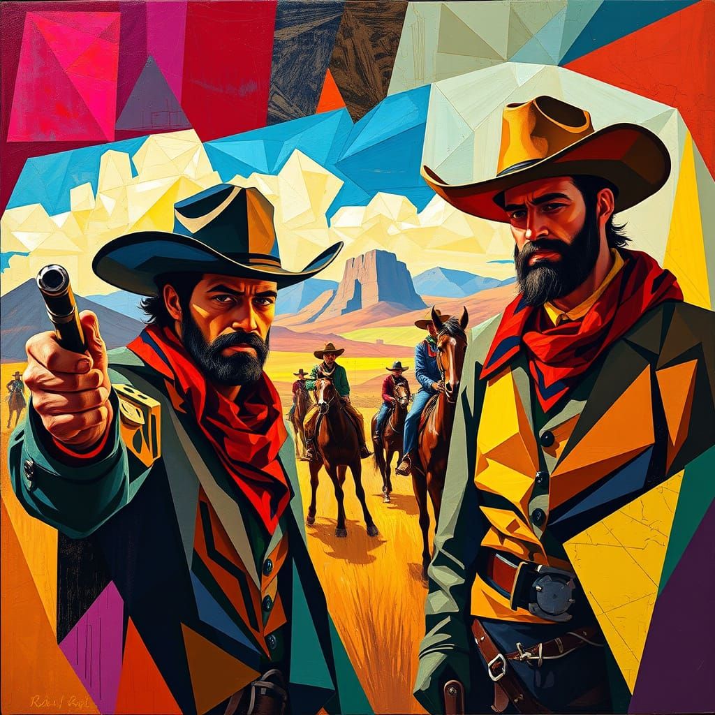 Vibrant Cubist Cowboys in Layered Geometric Style