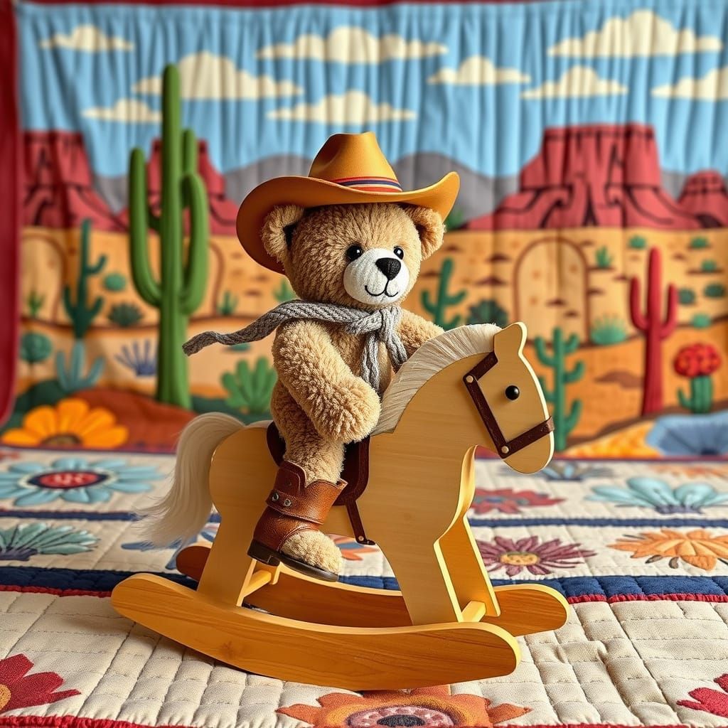 Cowboy Teddy Bear Rides Rocking Horse in Folk Art Style