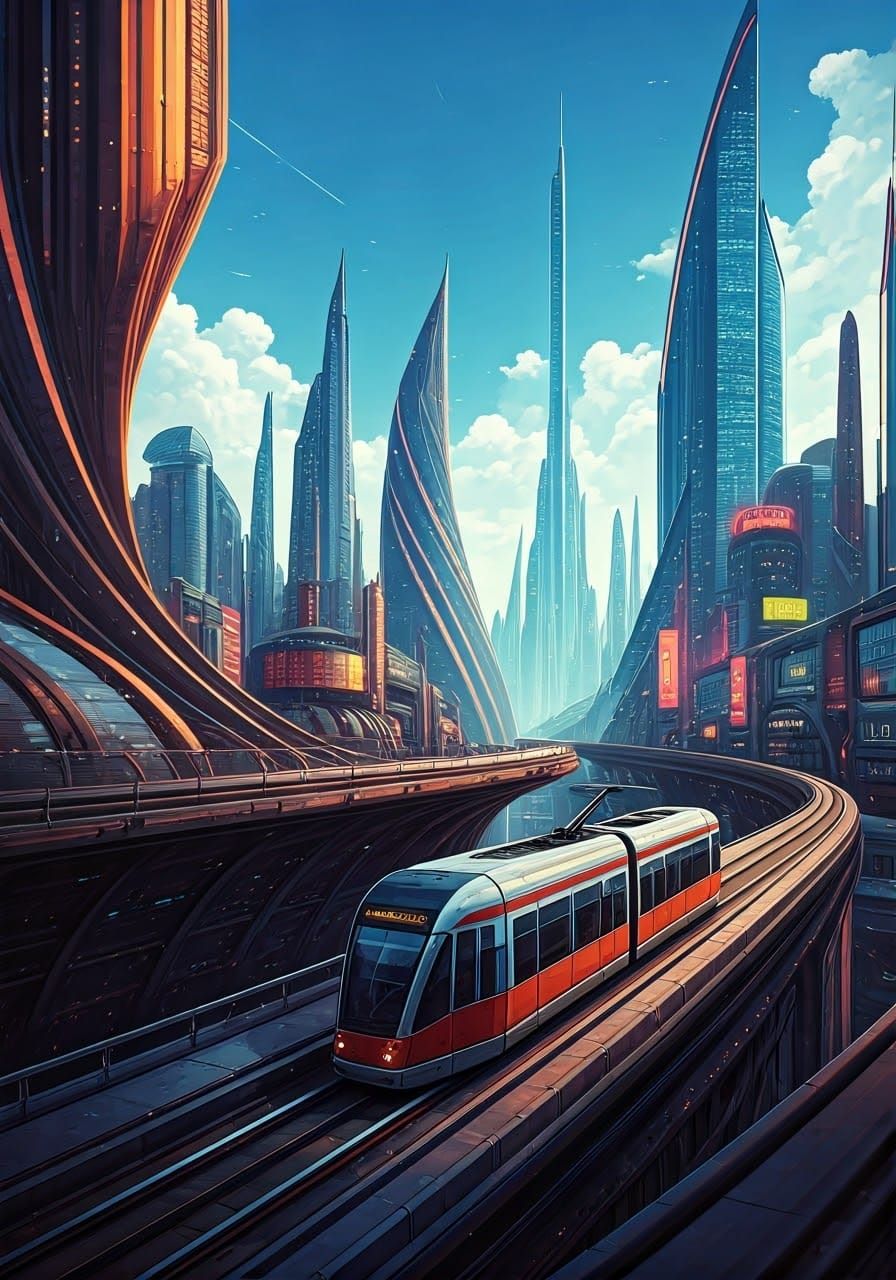 Futuristic Cityscape with Sci-Fi Tram in Comic Art Style