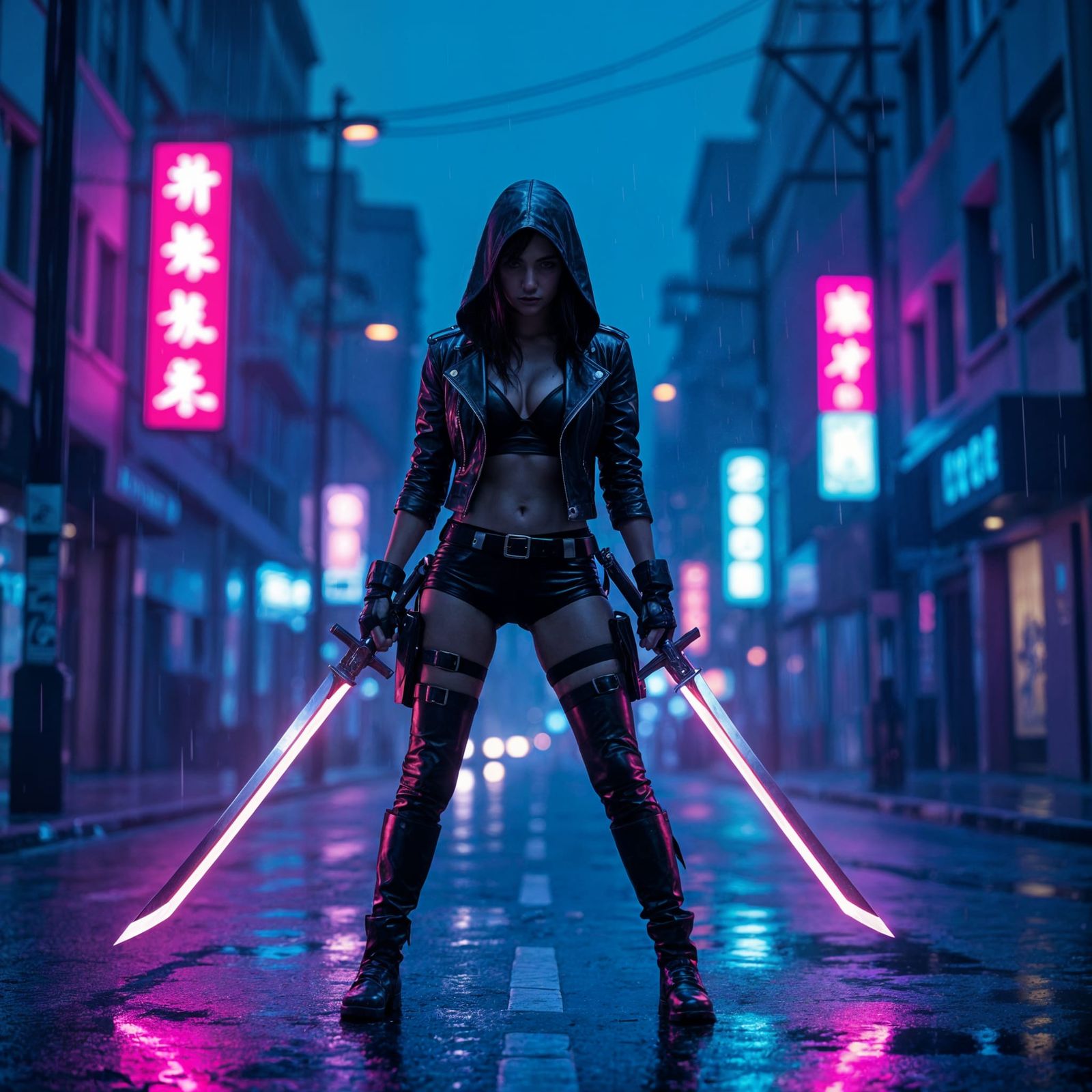 Warrior Woman in Rainy Neon City Night
