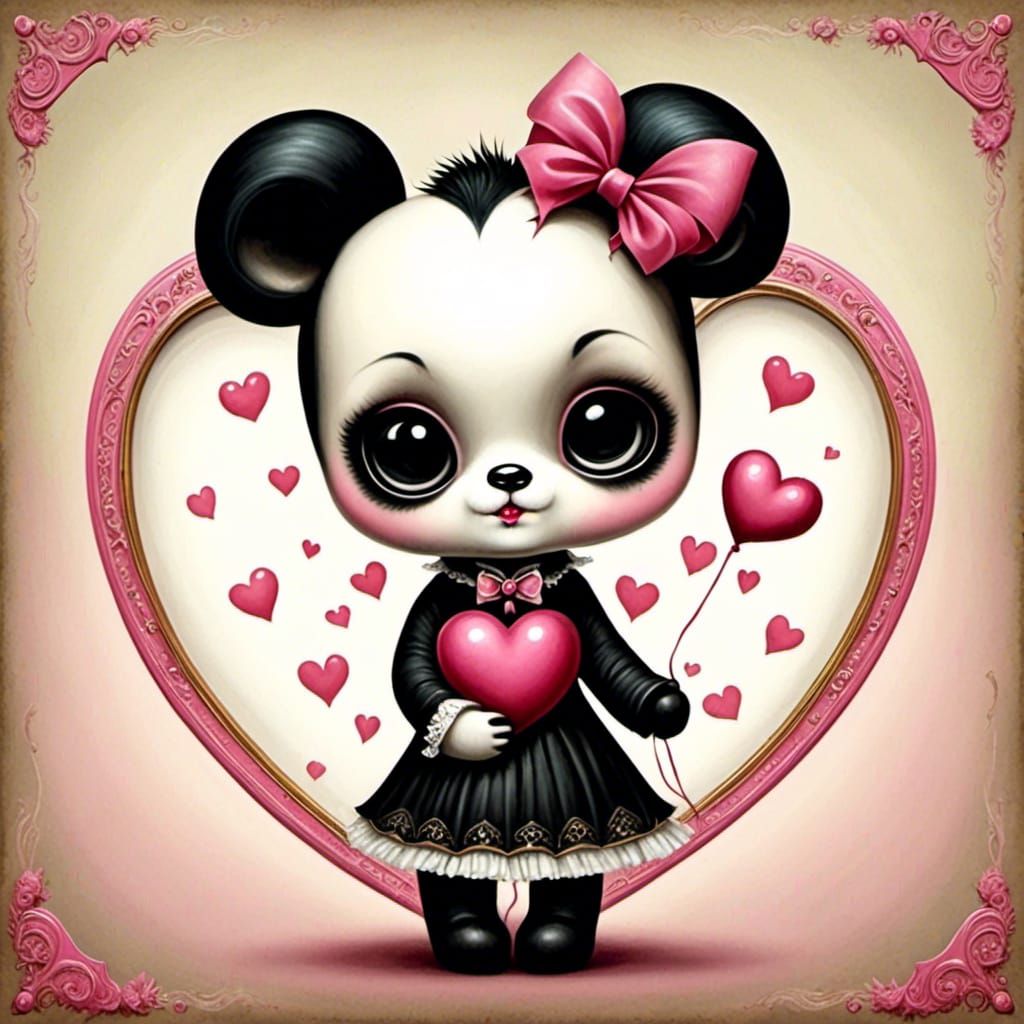 Panda Girl with Heart in Pop Surrealist Style