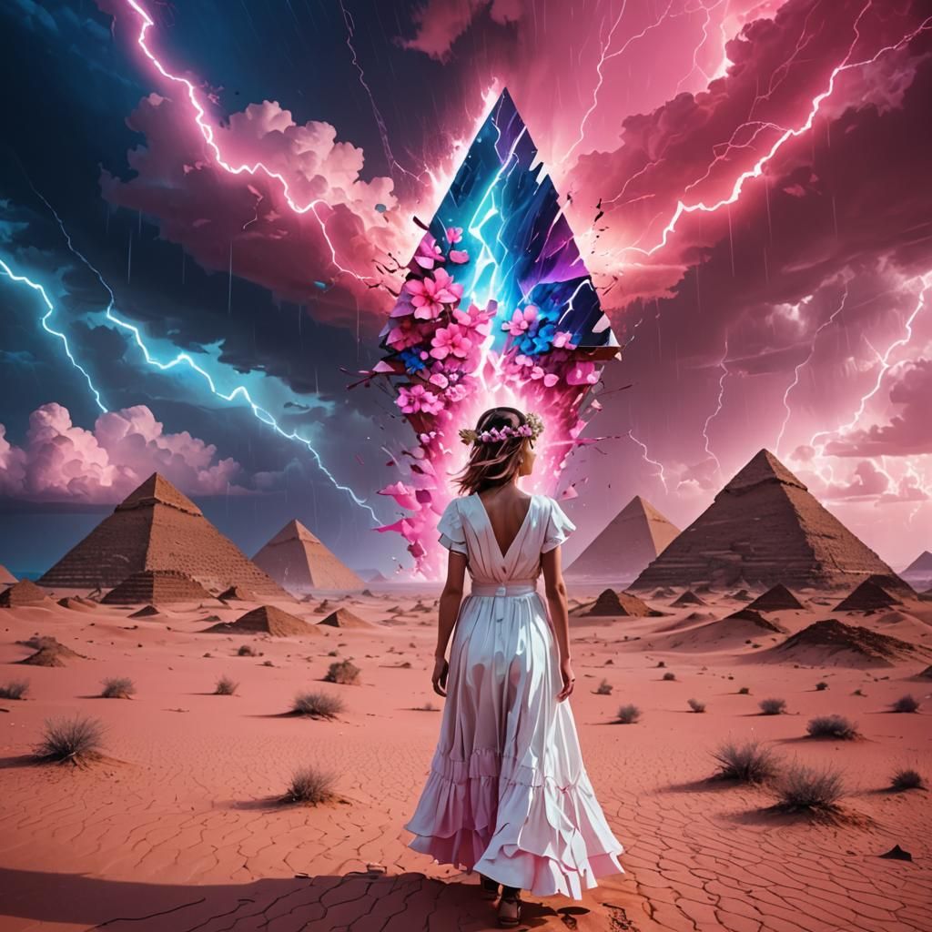 Surreal Desert Scene with Glitch Pyramids in Digital Art