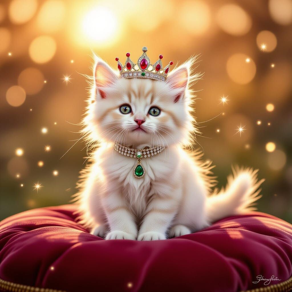 Regal White Kitten in Crown on Velvet Cushion