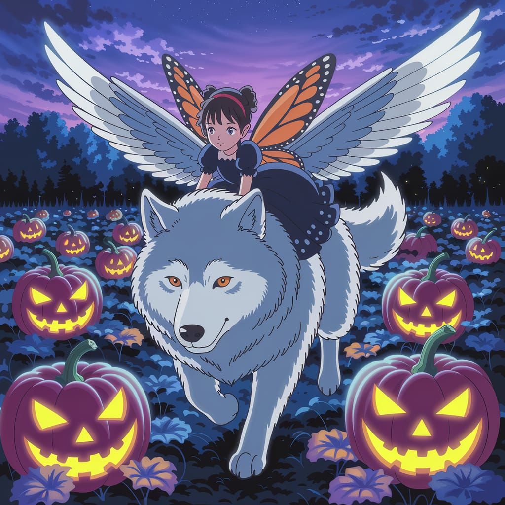 Anime Fairy Rides Winged Wolf Through Pumpkin Field