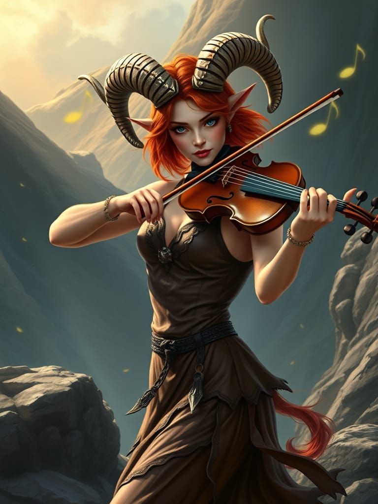 Epic Fantasy Satyr Plays Dragon Scale Violin on Hillside