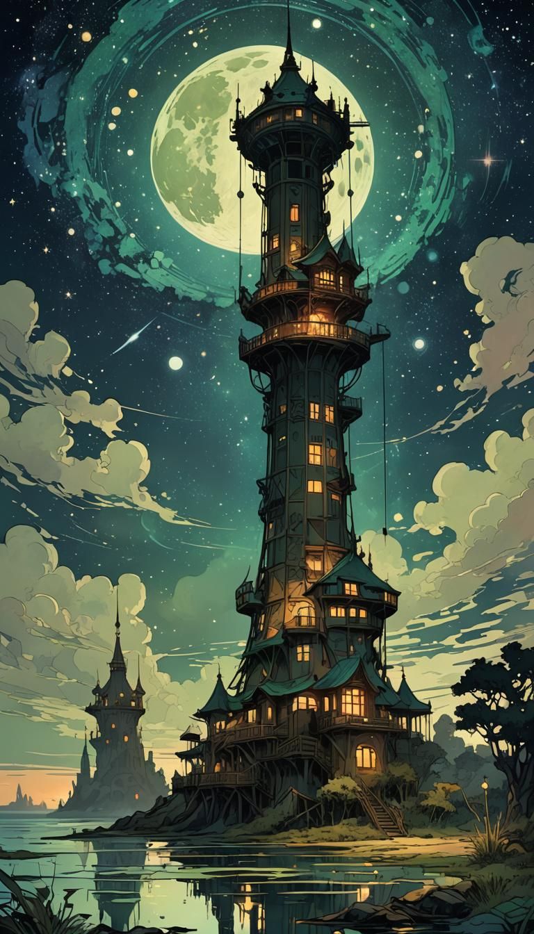Air Tower on Beach at Night in Art Nouveau Style