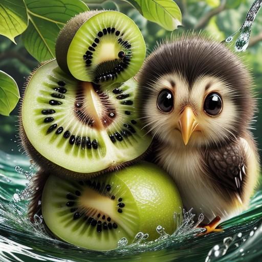 Kiwi Bird on Kiwi Fruit Plunging into Water