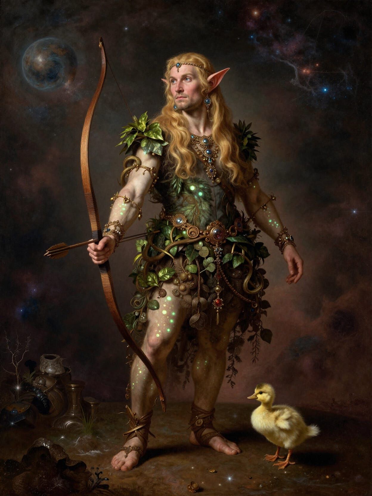 Elf with Duck on Nebula Planet in Dutch Golden Age Style