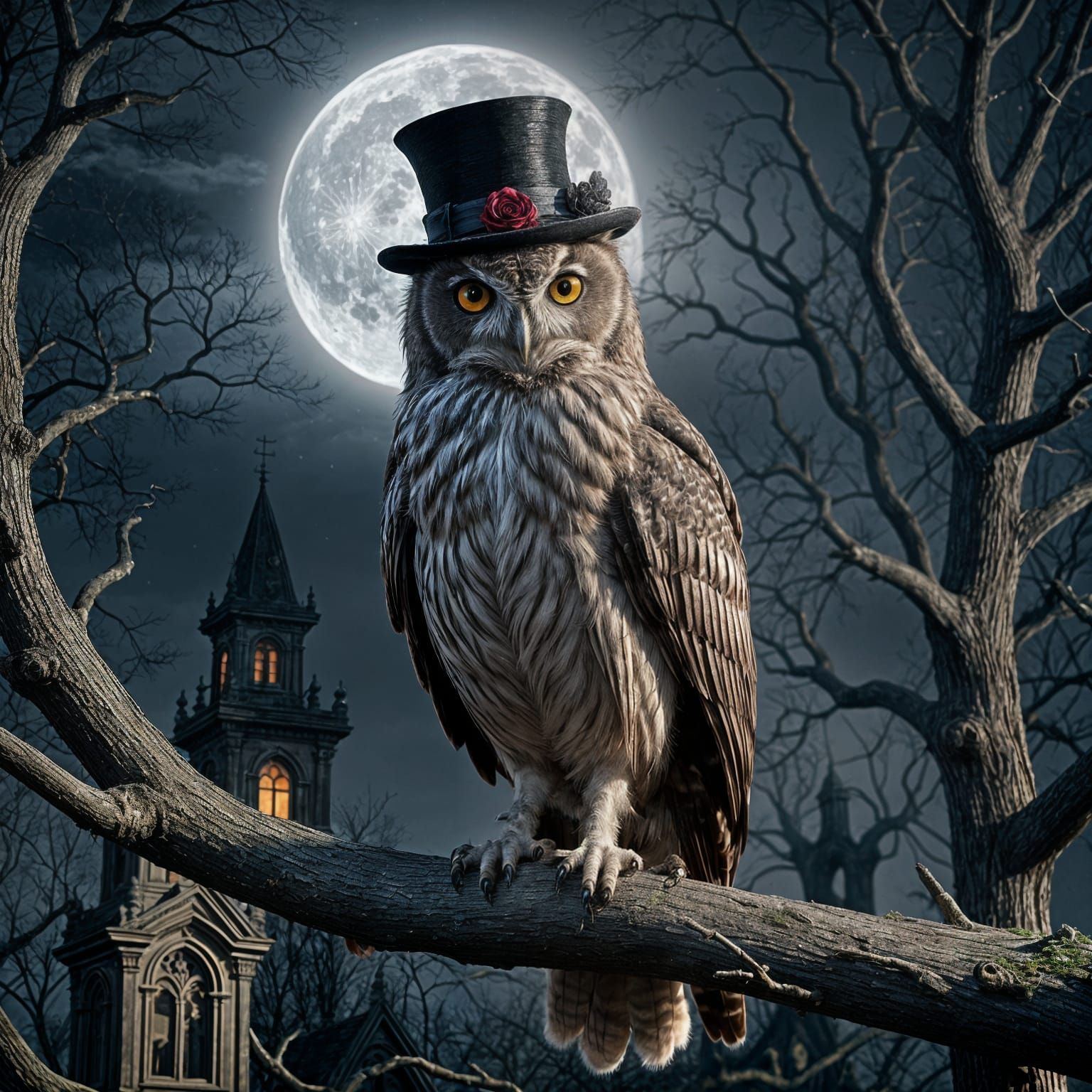Majestic Owl in Vampire Cape and Top Hat Under Full Moon