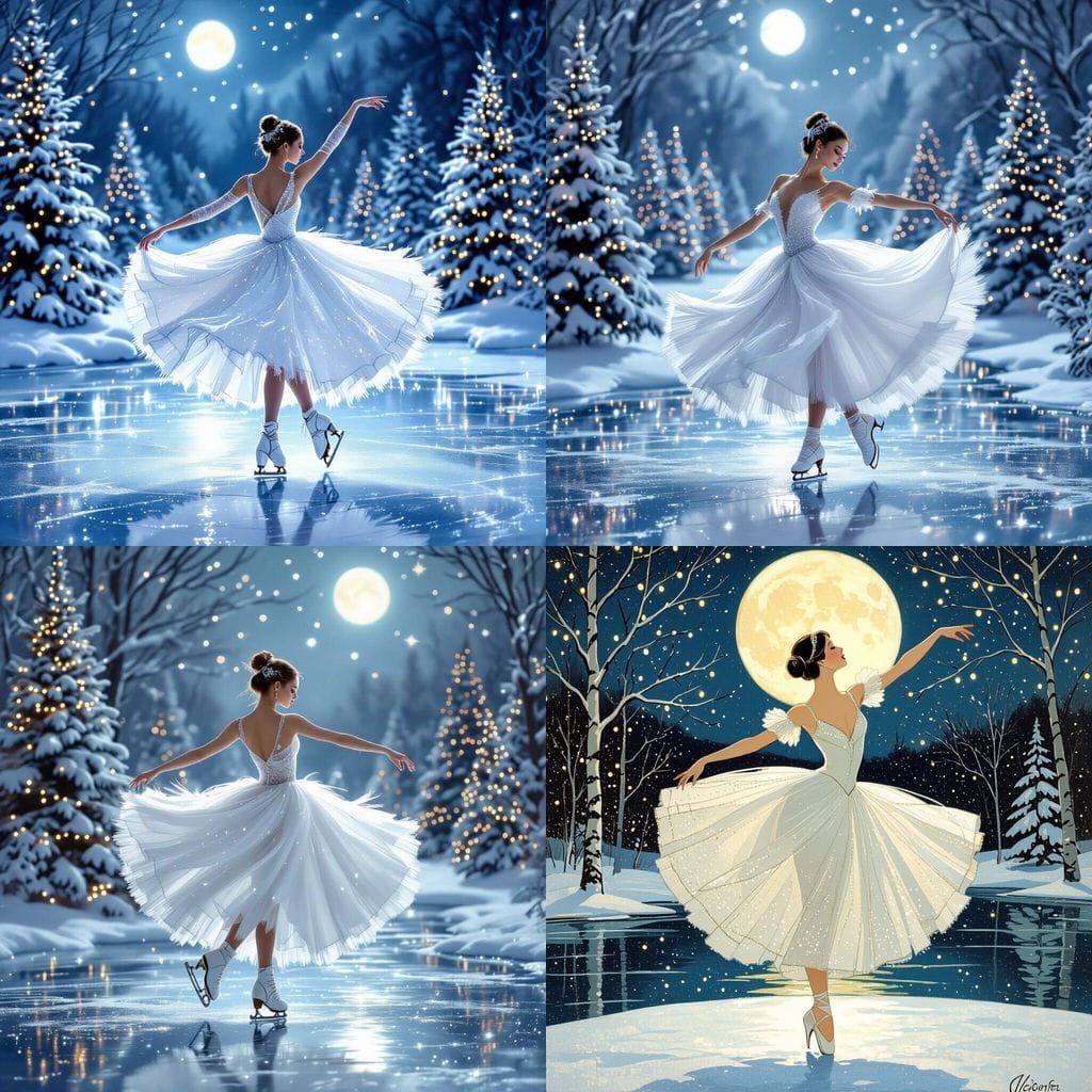 Ballerina Dancing on Frozen Lake Under Moonlight