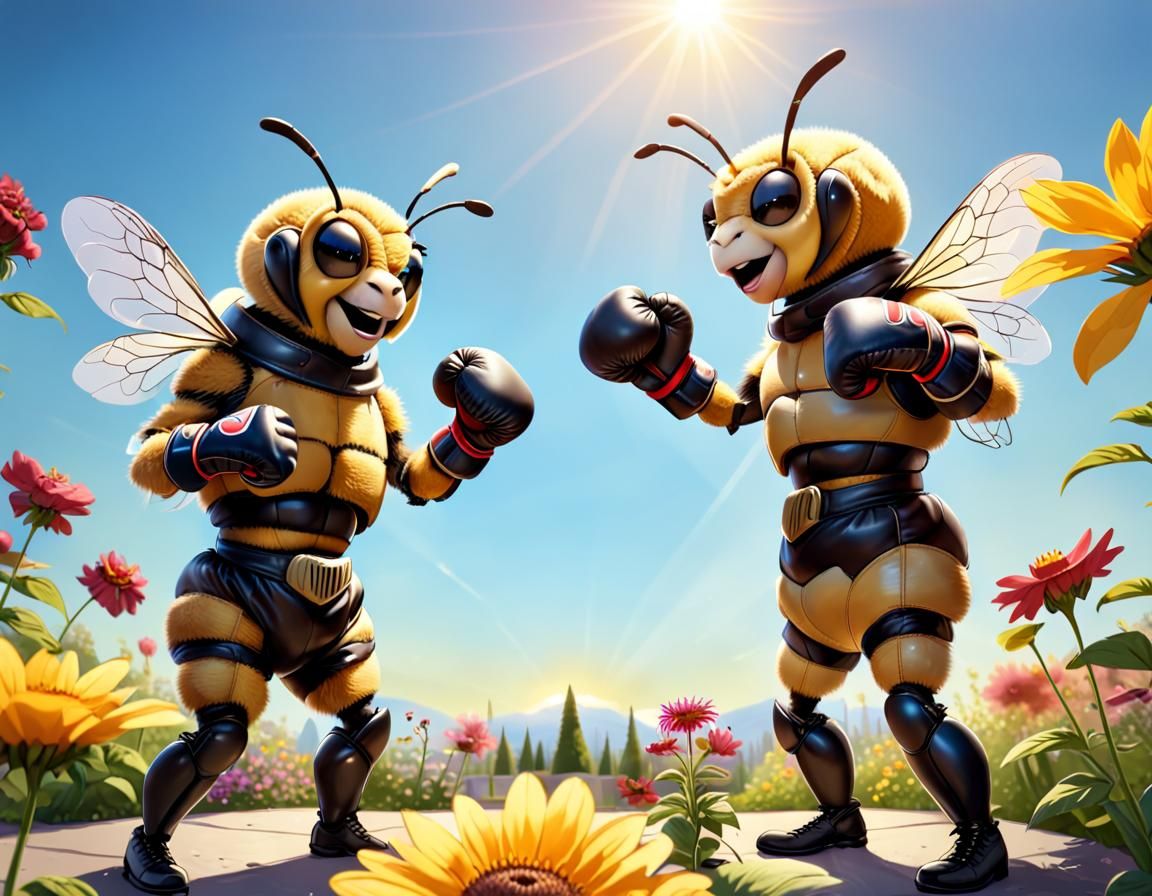 Bees Boxing Over Flower in Sunny Garden