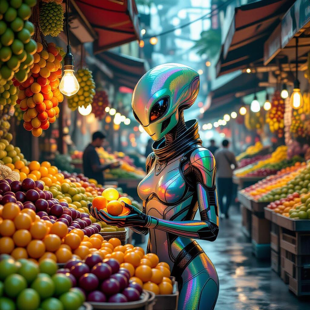 Alien Fruit Vendor in Bustling Market