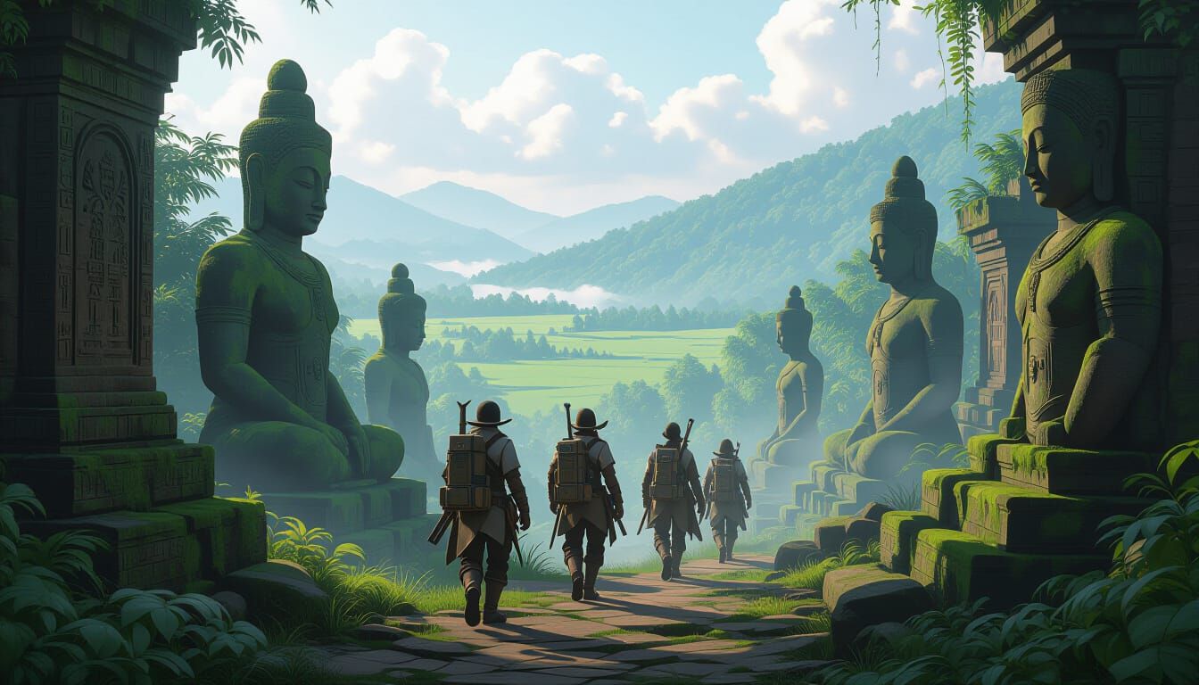Explorers in Misty Jungle with Ancient Statues
