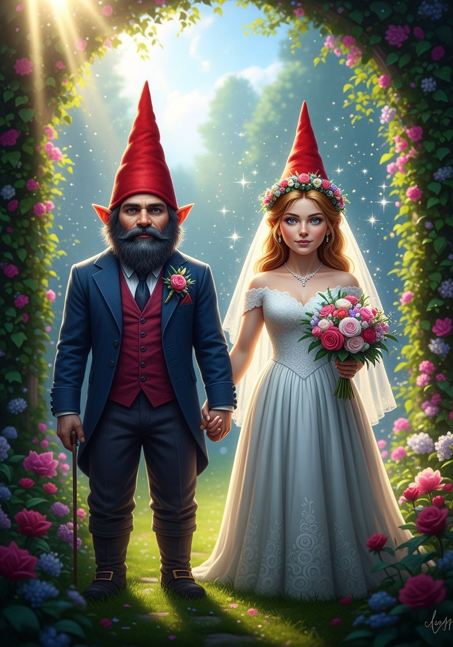 Gnome Wedding in Majestic Garden, Hyperrealistic Style