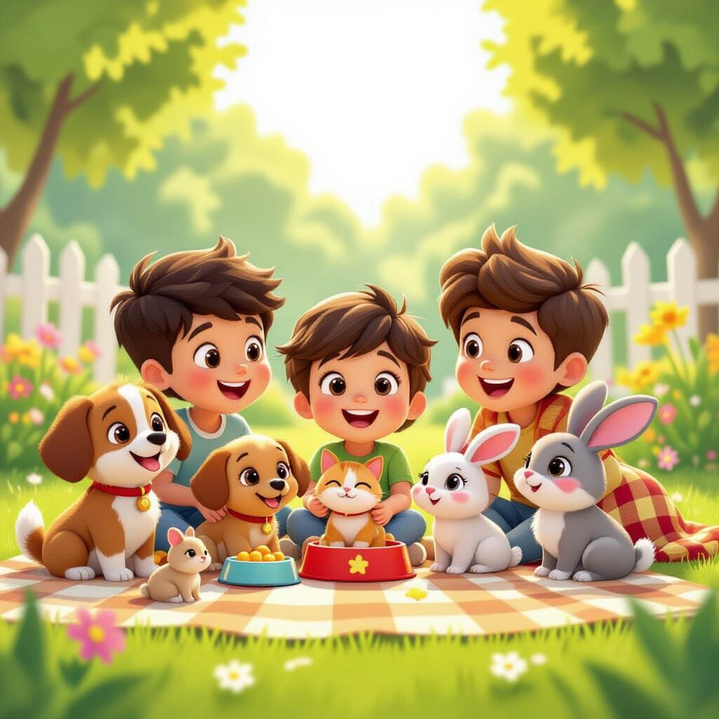 Happy Children Playing with Pets in Cartoon Style