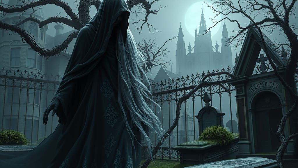 Ethereal Ghost in Moonlit Graveyard, Gothic Art