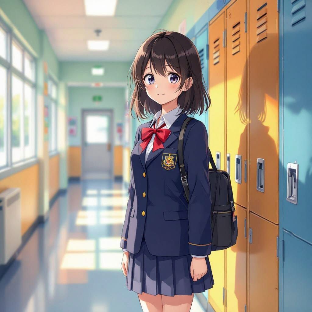 Anime Girl in School Hallway, Digital Art Style