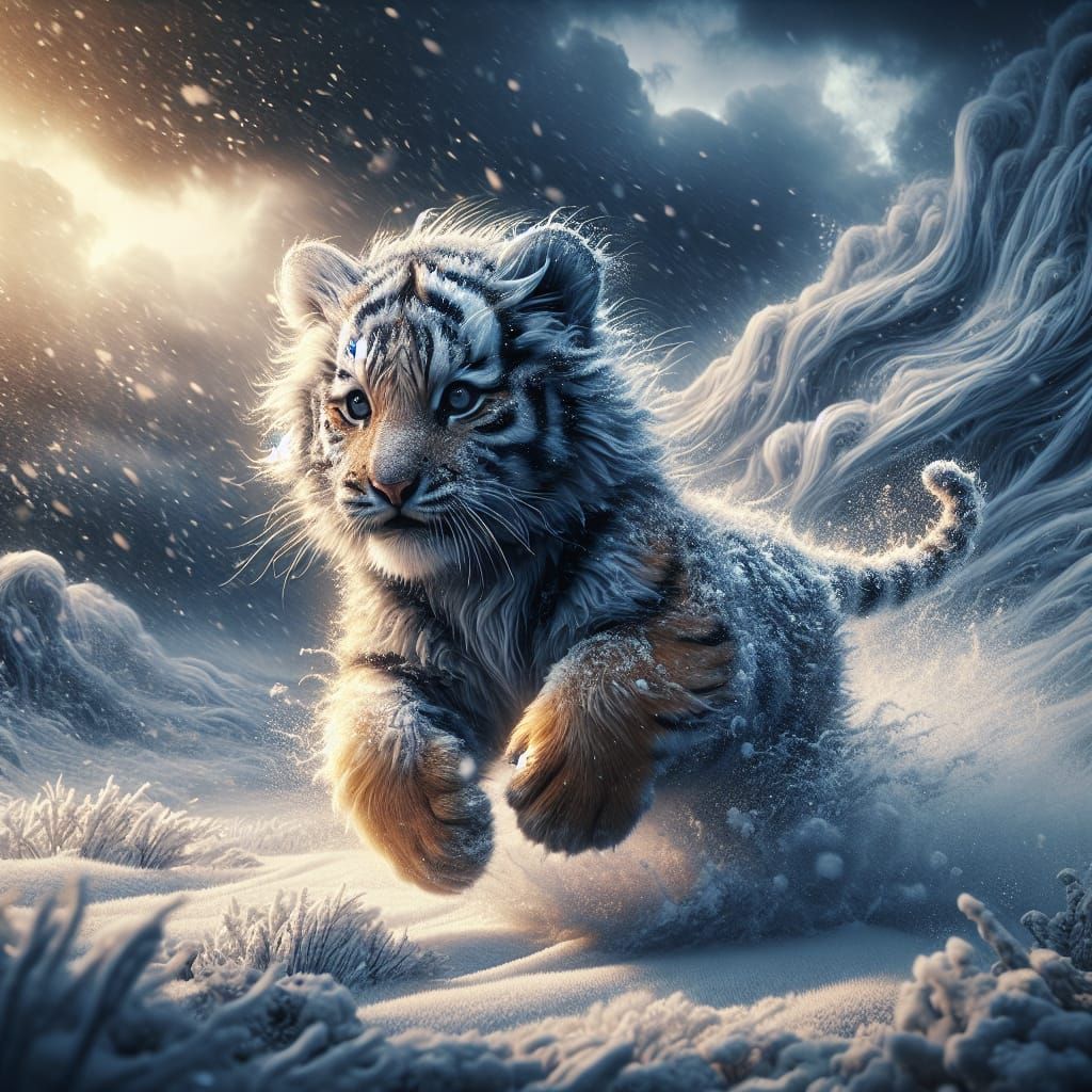 Magical Tiger Cub Runs Through Snowy Storm in Fantasy Style