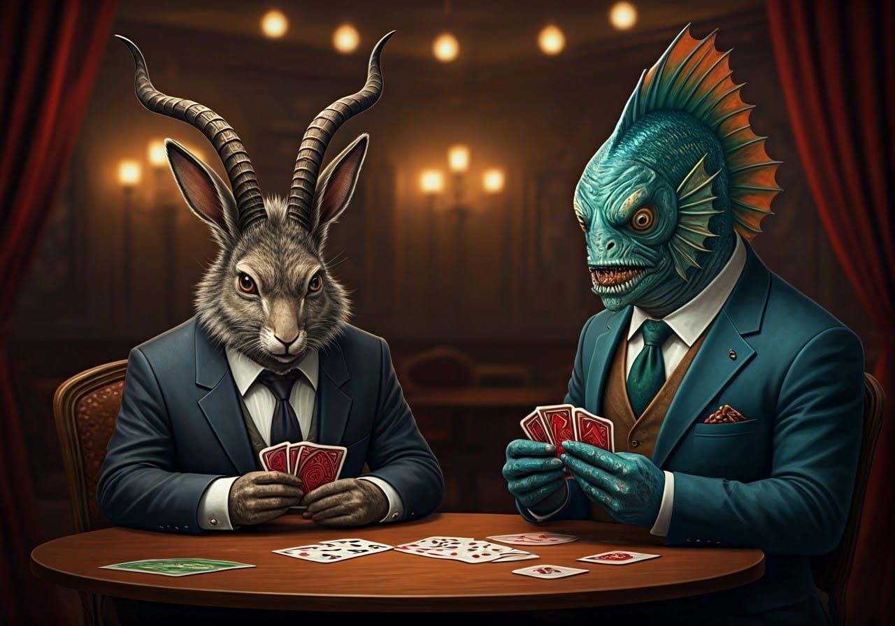 Jackalope, Werewolf, and Fishman Play Cards