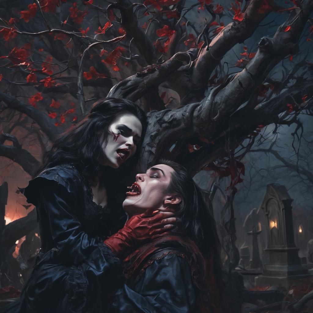 Vampire Daughters Attack Rocker: Gothic Oil Painting