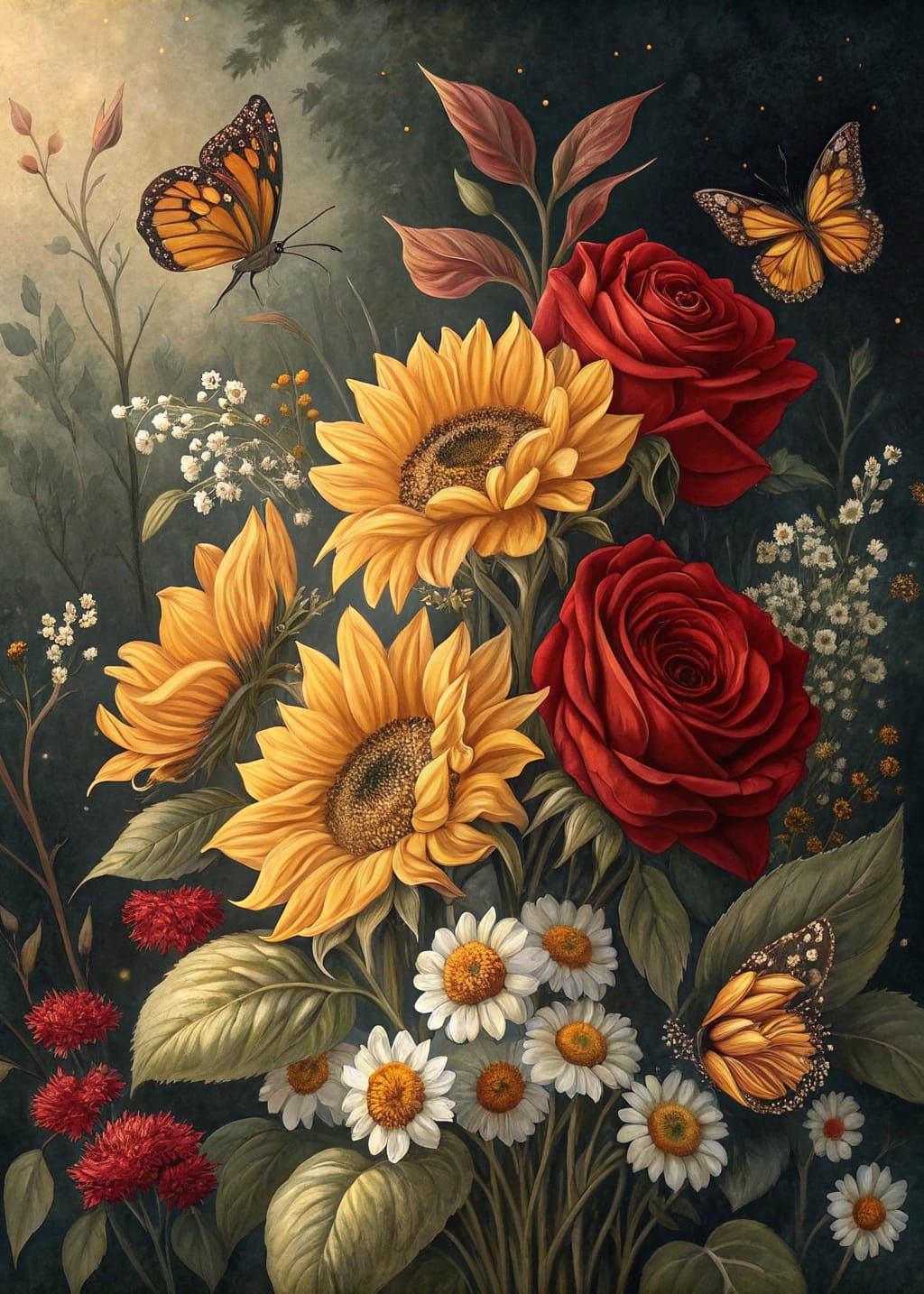 Floral Bouquet with Butterflies and Gold Stars