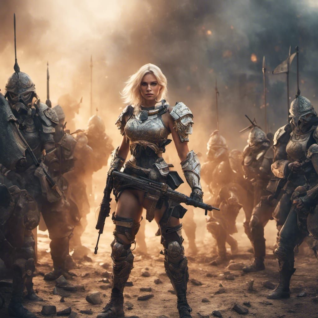 Fantasy Woman Soldier Leading Squad in 3D Cinematic Style