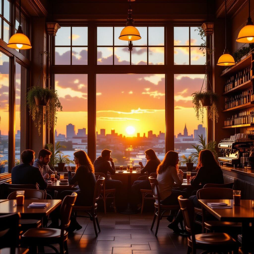 Cozy Cafe at Sunset Over Cityscape