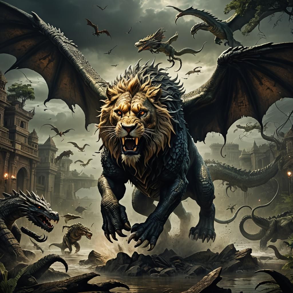 Menacing Lion-Crocodile-Dragon Hybrid in Dark Fantasy Art