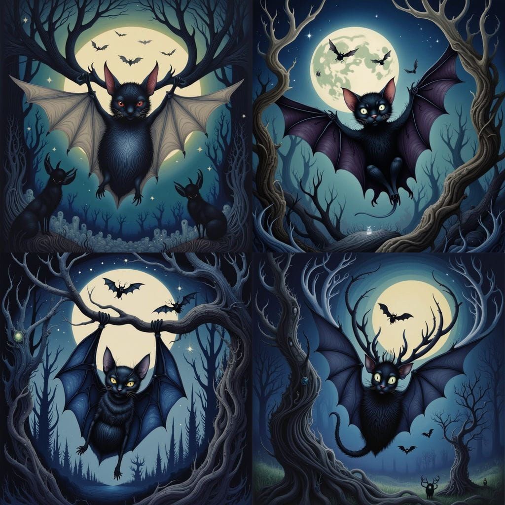 Whimsical Bat Swoops Over Haunted Forest in Midst of Full Mo...